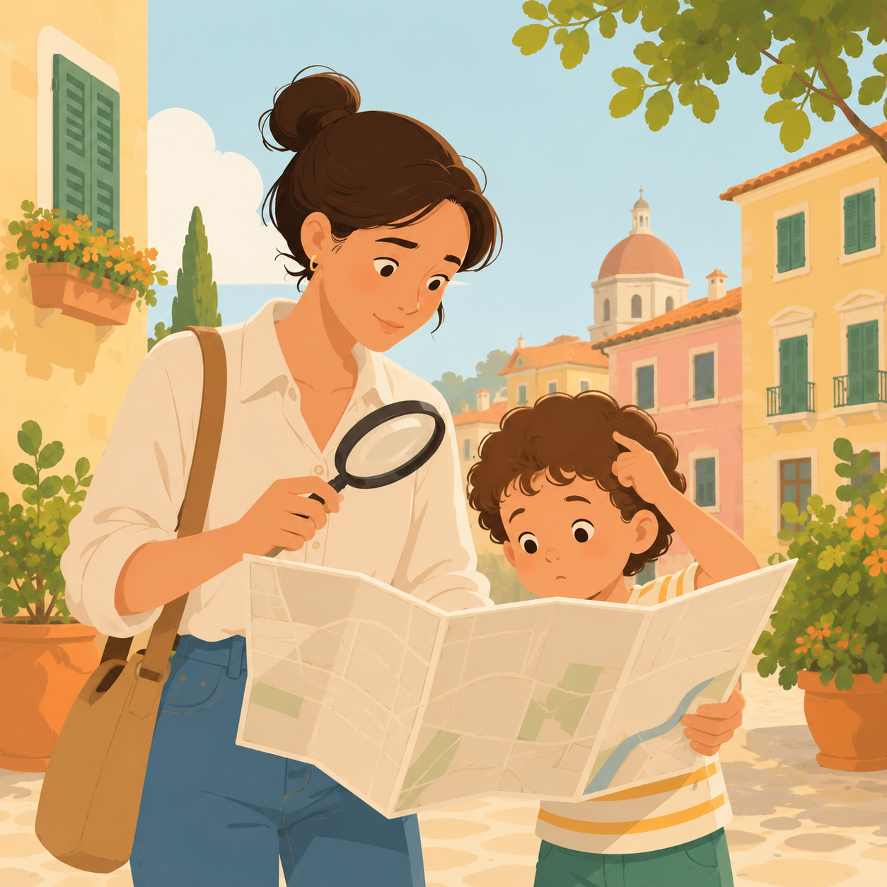 Genitore con bambino che cerca una scuola sulla mappa